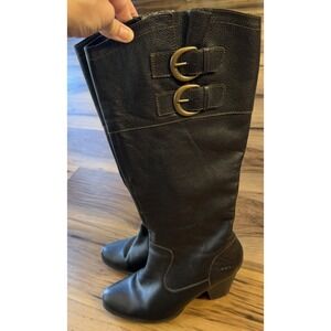 Børn Womens Size 10 Black Pebbled Leather Knee High Riding Boots Double Buckle